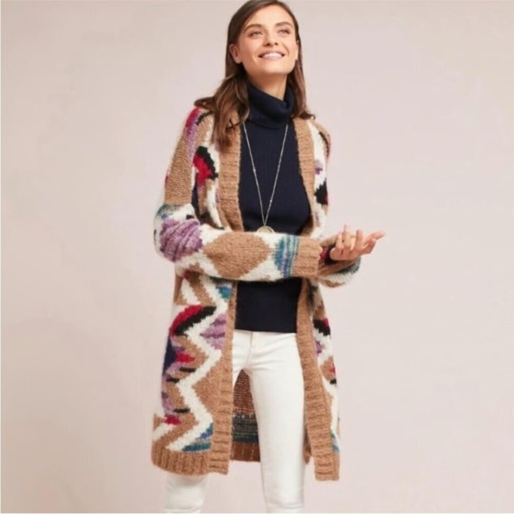 Moulinette Soeurs Aztec Print Open Cardigan Sweater Size M/L Peru Alpaca/Wool
